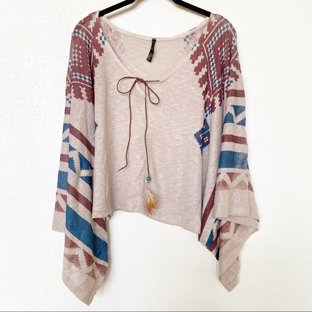 Mono B Aztec Print Poncho Pullover Top One Size